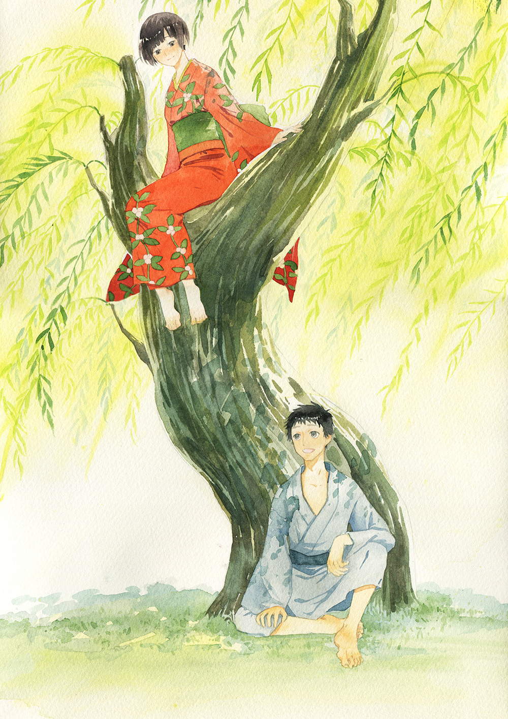1boy 1girl amber_t bangs barefoot black_hair blue_kimono brown_eyes character_request chinese_commentary closed_mouth day facing_viewer floral_print full_body grass green_sash highres japanese_clothes kimono leaf_print long_sleeves looking_at_another mushishi obi open_mouth outdoors painting_(medium) print_kimono red_kimono sash short_hair sitting smile traditional_media tree watercolor_(medium) wide_sleeves willow