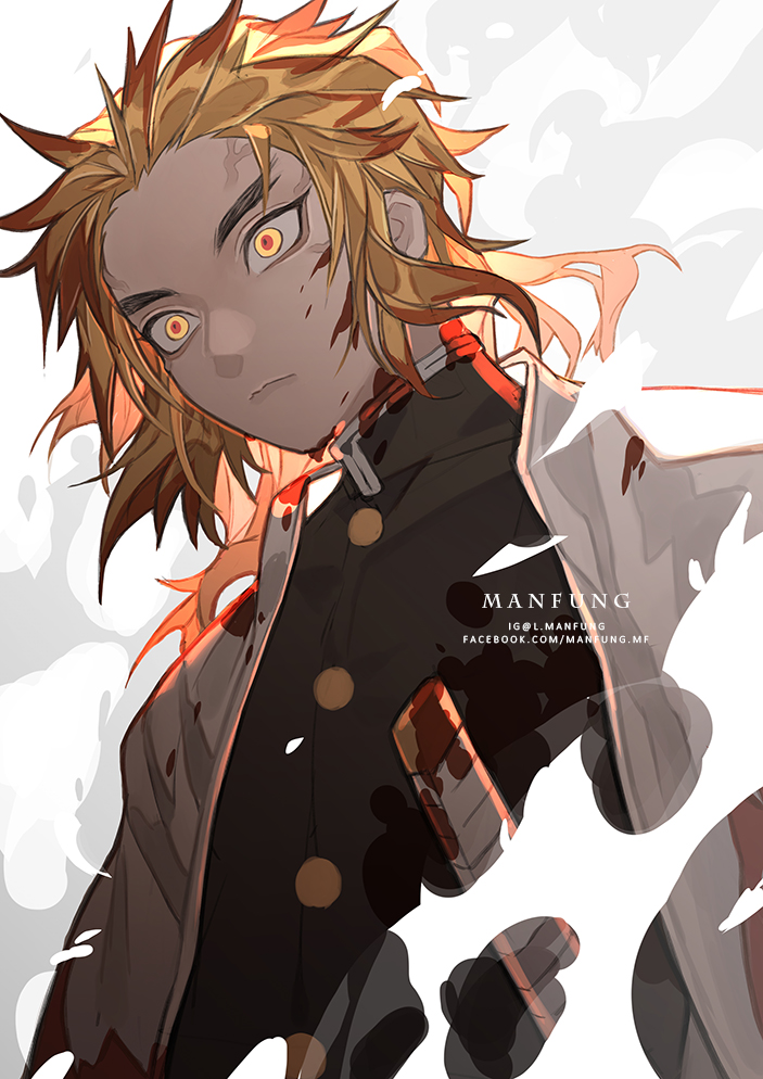 1boy angry artist_name black_jacket blonde_hair blood blood_on_clothes blood_on_face cape closed_mouth facebook_username gradient_hair jacket jewelry kimetsu_no_yaiba long_hair male_focus manfung multicolored_hair redhead rengoku_kyoujurou solo sword two-tone_hair uniform upper_body weapon white_cape
