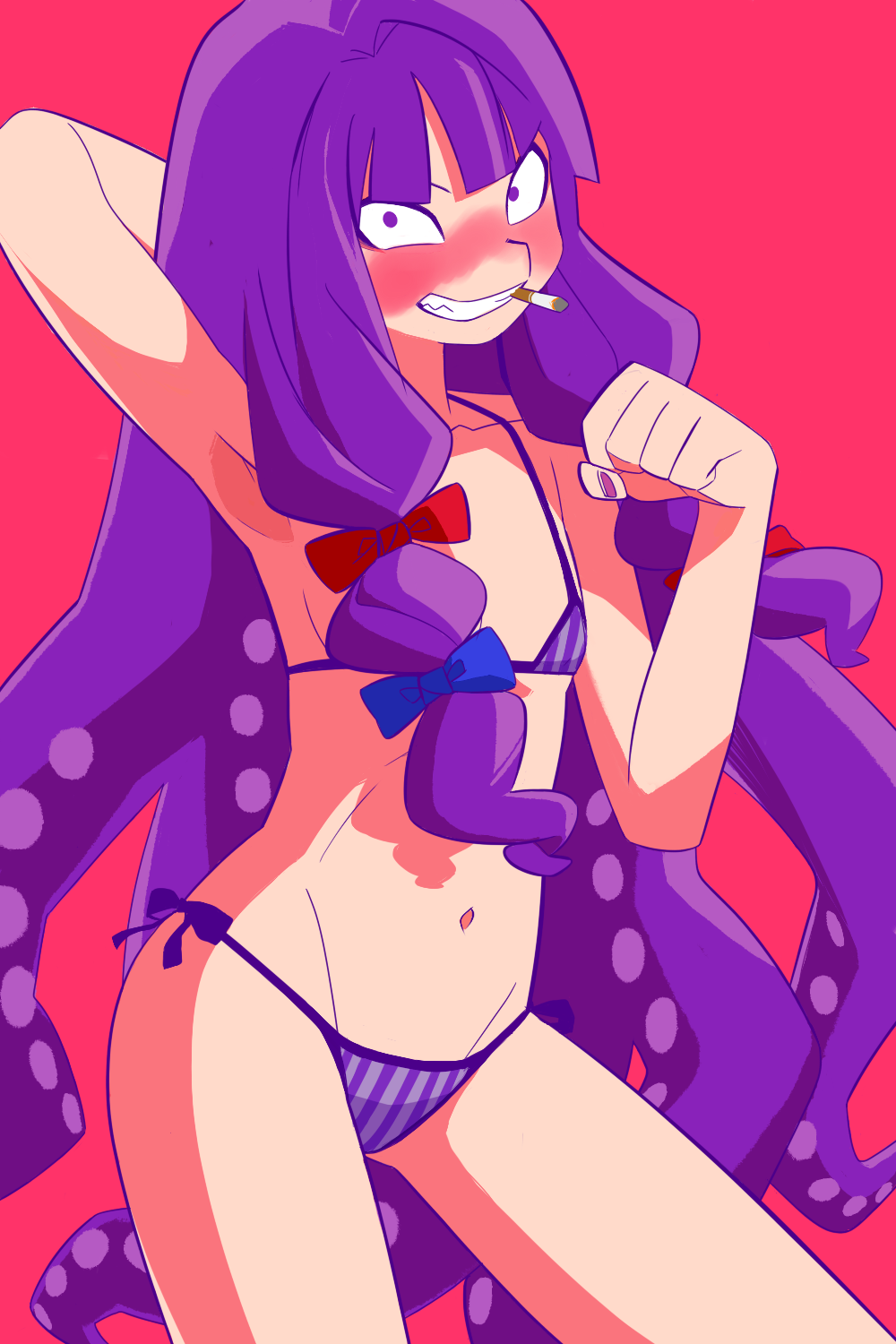 1girl arm_up armpits bangs bikini blue_bow blunt_bangs blush bow cigarette clenched_hand commentary contrapposto cookie_(touhou) cowboy_shot flat_chest grin highres long_hair looking_at_viewer multi-tied_hair navel nose_blush patchouli_knowledge purple_bikini purple_hair red_background red_bow scotch_(cookie) side-tie_bikini simple_background smile solo swimsuit taisa_(cookie) tentacle_hair touhou very_long_hair violet_eyes