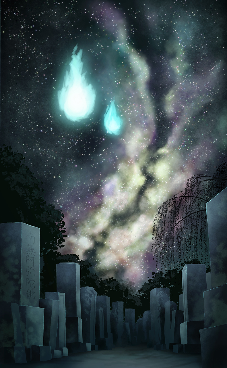 blue_fire fire highres kayano_(goth-phantasma) leaf milky_way night night_sky no_humans original outdoors scenery sky star_(sky) starry_sky tombstone tree