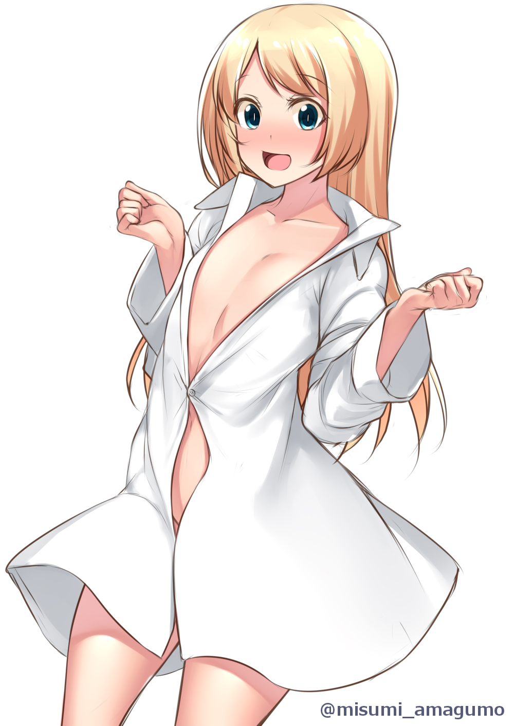 1girl alternate_costume blonde_hair blue_eyes collarbone commentary_request cowboy_shot dress_shirt flat_chest highres jervis_(kancolle) kantai_collection long_hair looking_at_viewer misumi_amagumo naked_shirt one-hour_drawing_challenge shirt simple_background smile solo standing twitter_username white_background