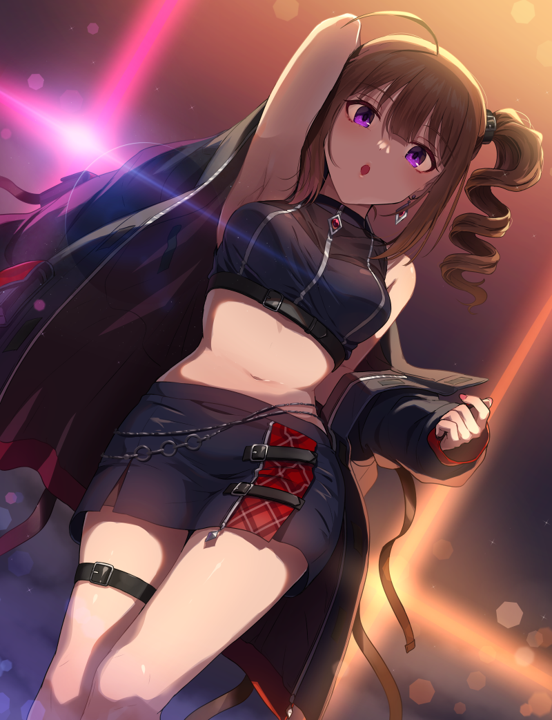 1girl ahoge arm_up armpits belt black_jacket black_shirt black_skirt breasts brown_hair crop_top drill_hair idolmaster idolmaster_million_live! idolmaster_million_live!_theater_days jacket kamille_(vcx68) long_sleeves looking_at_viewer medium_breasts midriff miniskirt navel off-shoulder_jacket off_shoulder open_mouth shirt side_drill side_ponytail skirt sleeveless sleeveless_shirt thigh_strap violet_eyes yokoyama_nao zipper