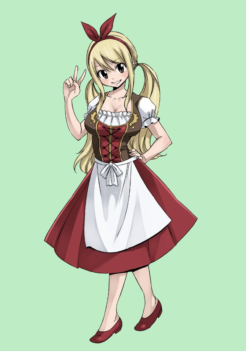 1girl blonde_hair breasts brown_eyes dress eyebrows_visible_through_hair fairy_tail full_body green_background hair_between_eyes hairband hand_on_hip large_breasts lucy_heartfilia mashima_hiro parted_lips shoes short_sleeves simple_background smile solo standing teeth twintails v