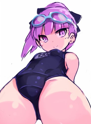 1girl bare_shoulders breasts closed_mouth fate/grand_order fate_(series) goggles goggles_on_head hair_ornament helena_blavatsky_(fate) karukan_(monjya) looking_at_viewer lowres one-piece_swimsuit purple_hair short_hair simple_background small_breasts smile solo swimsuit violet_eyes white_background