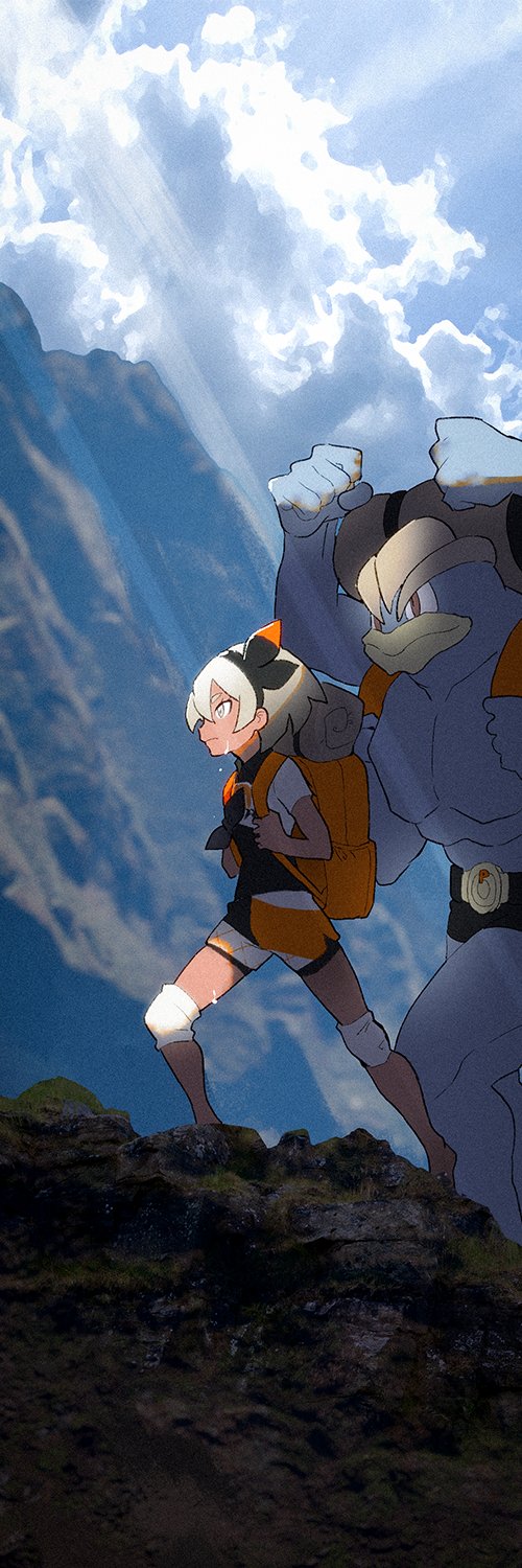 1girl backpack bag bangs barefoot bea_(pokemon) black_bodysuit black_hairband blonde_hair bodysuit bodysuit_under_clothes bow_hairband closed_mouth clouds collared_shirt commentary_request day dripping eyelashes from_side grey_eyes hairband highres hiking holding_strap knee_pads machamp oono_imo orange_bag outdoors pokemon pokemon_(creature) pokemon_(game) pokemon_swsh print_shirt print_shorts shirt short_hair short_sleeves shorts side_slit side_slit_shorts sky sleeping_bag standing sweat walking