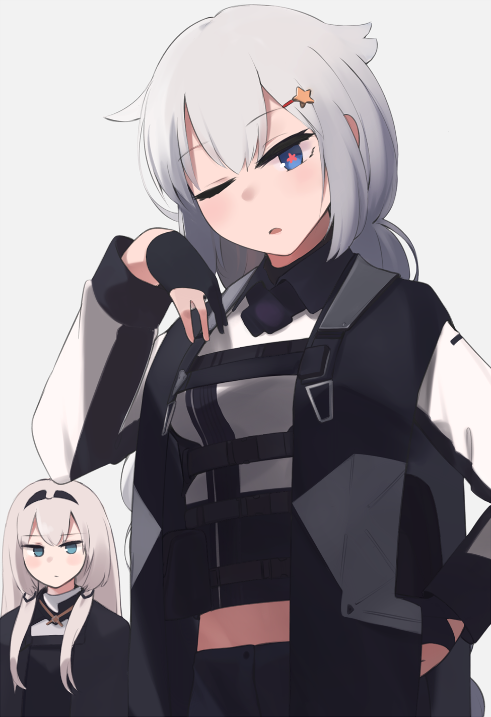+_+ 2girls :o an-94_(girls'_frontline) aqua_eyes black_gloves blue_eyes blush breasts closed_mouth cosplay fingerless_gloves girls_frontline gloves hair_ornament hairband highres hinami047 long_hair looking_at_another looking_at_viewer medium_hair multiple_girls one_eye_closed ots-12_(girls'_frontline) platinum_blonde_hair rpk-16_(girls'_frontline) silver_hair star_(symbol) star_hair_ornament uniform white_background
