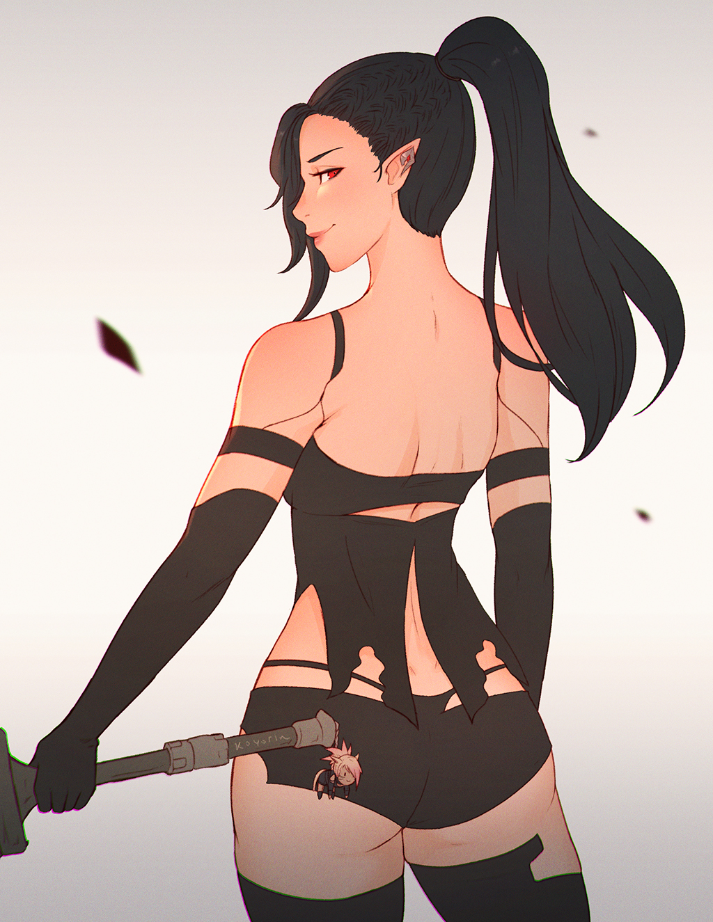 1girl ass black_hair black_legwear cosplay cowboy_shot earrings elezen elf final_fantasy final_fantasy_xiv from_behind highres hilda_ware holding holding_sword holding_weapon jewelry joints koyorin long_hair looking_at_viewer looking_back nier_(series) nier_automata pointy_ears ponytail red_eyes revision robot_joints short_shorts shorts solo sword thigh-highs weapon white_background yorha_type_a_no._2 yorha_type_a_no._2_(cosplay)