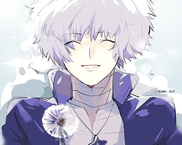 1boy bowl_cut closed_eyes clouds cloudy_sky collared_jacket dandelion eyes_visible_through_hair flower jacket jewelry kageyama_ranmaru kimi_ga_shine md5_mismatch necklace open_mouth resolution_mismatch short_hair shuriken signature sky smile solo source_larger teeth toma_3638 weapon white_hair