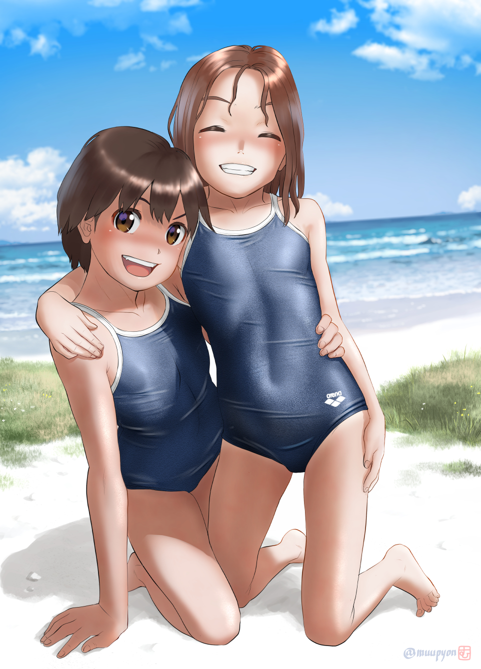 2girls arena_(company) barefoot beach blue_sky blue_swimsuit blurry breasts brown_eyes brown_hair clouds commentary_request competition_school_swimsuit covered_navel day depth_of_field facing_viewer full_body grass grin hand_on_another's_shoulder highres kneeling logo looking_at_viewer mu-pyon multiple_girls original outdoors school_swimsuit short_hair sky small_breasts smile swimsuit tan tanlines