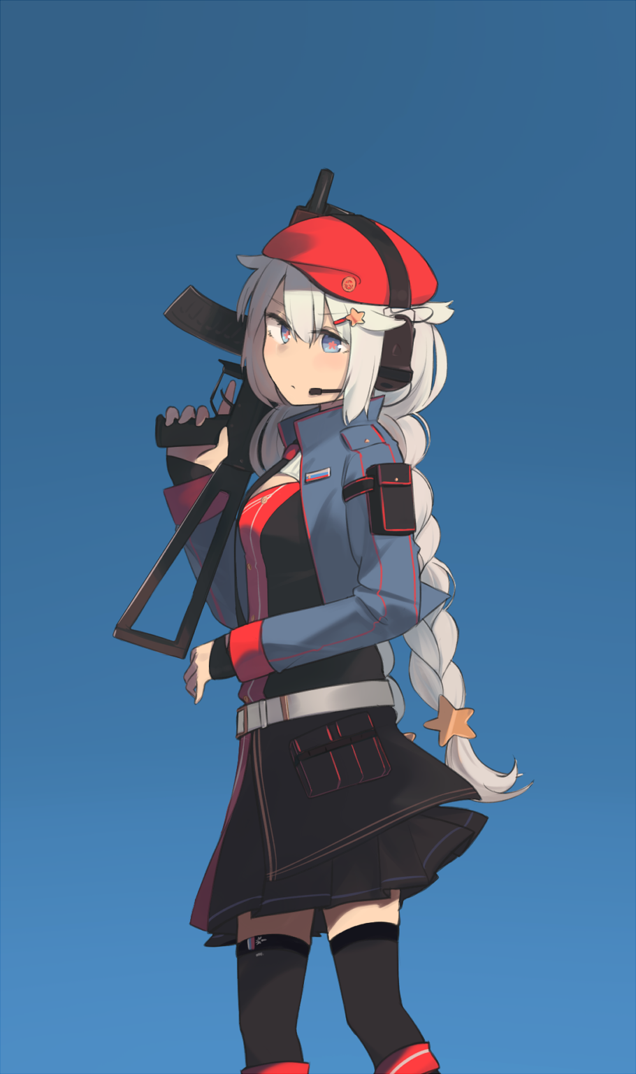 +_+ 1girl beret black_legwear blue_background blue_eyes blue_jacket braid breasts eyebrows_visible_through_hair feet_out_of_frame from_side girls_frontline grey_hair hair_ornament hat headphones highres hinami047 holding holding_weapon jacket long_hair looking_at_viewer looking_to_the_side low_twintails open_clothes open_jacket ots-12 ots-12_(girls'_frontline) red_headwear russian_flag solo standing star_(symbol) star_hair_ornament thigh-highs twin_braids twintails uniform weapon