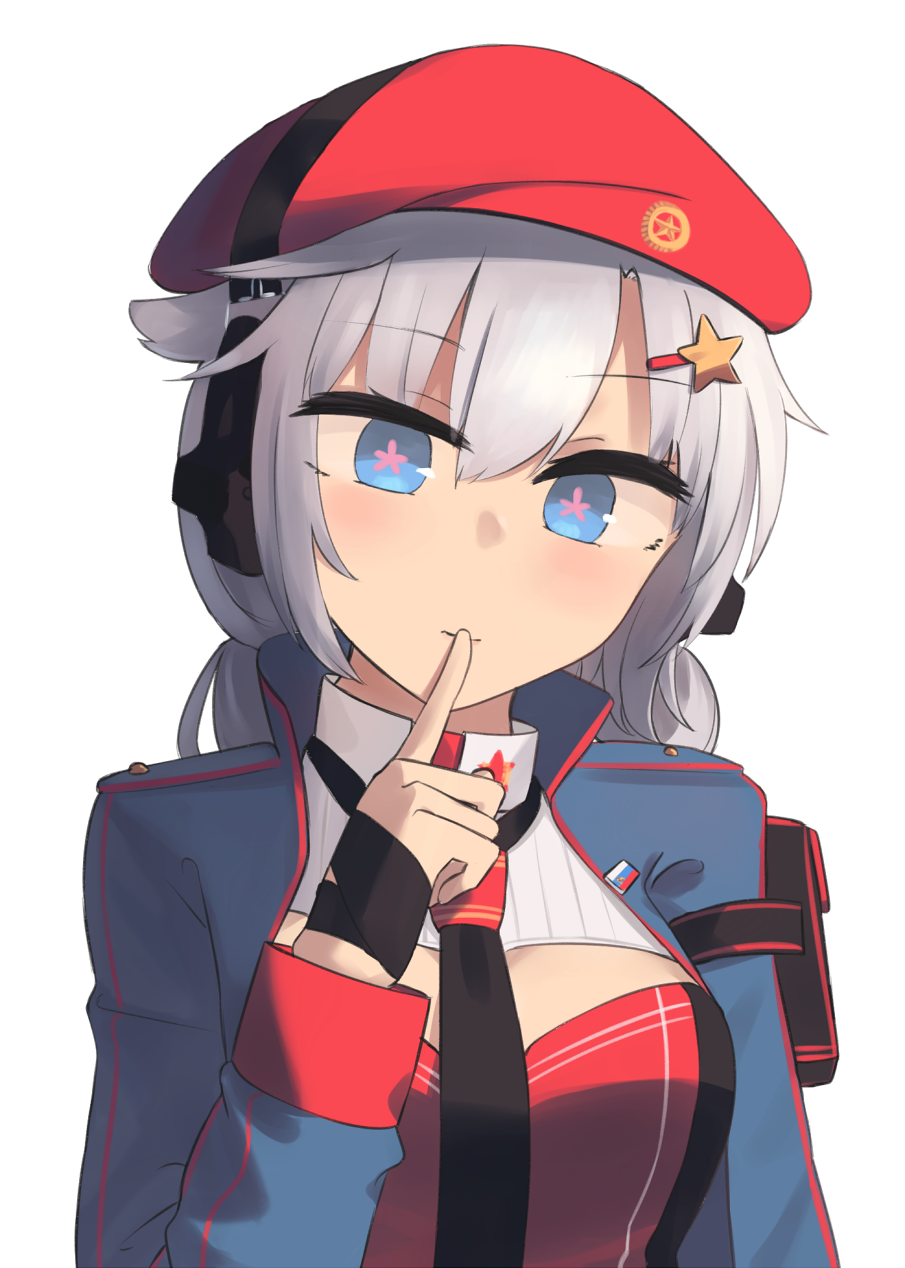 +_+ 1girl beret black_neckwear blue_eyes blue_jacket breasts closed_mouth eyebrows_visible_through_hair finger_to_mouth flower-shaped_pupils girls_frontline grey_hair hair_ornament hat hat_ornament headphones highres hinami047 jacket long_hair looking_at_viewer necktie open_clothes open_jacket ots-12_(girls'_frontline) red_headwear russian_flag solo soviet_flag star-shaped_pupils star_(symbol) star_hair_ornament star_hat_ornament symbol-shaped_pupils white_background