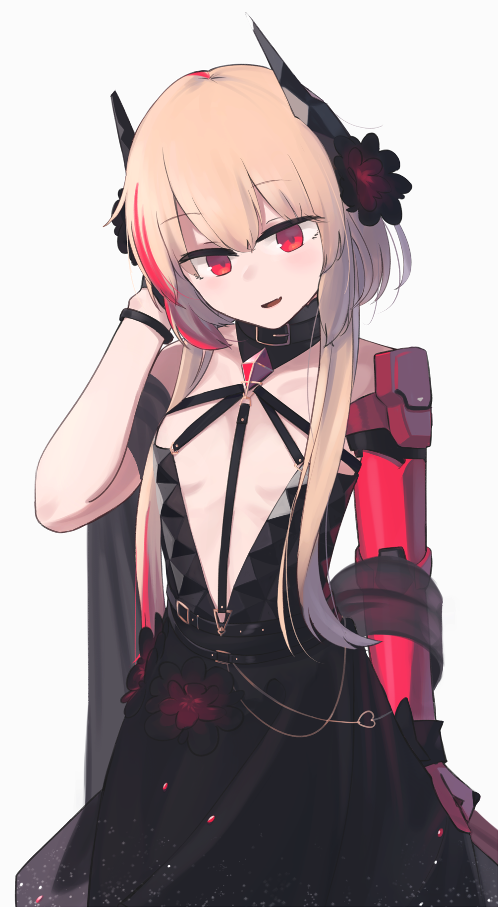 1girl bare_shoulders black_dress blonde_hair breasts dress dress_flower eyebrows_visible_through_hair flower girls_frontline hair_flower hair_ornament hand_in_hair highres hinami047 holding holding_clothes holding_dress long_hair looking_at_viewer m4_sopmod_ii_(girls'_frontline) mechanical_arms multicolored_hair open_mouth red_eyes single_mechanical_arm small_breasts solo standing white_background