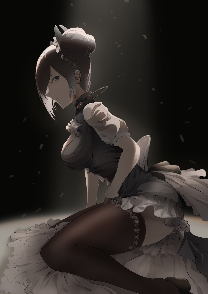 1girl agent_(girls'_frontline) bangs black_background black_dress black_eyes black_hair black_legwear breasts closed_mouth double_bun dress eyebrows_visible_through_hair from_side girls_frontline hand_on_floor looking_at_viewer looking_to_the_side medium_breasts medium_hair on_floor sangvis_ferri snowflakes solo thatob thigh-highs