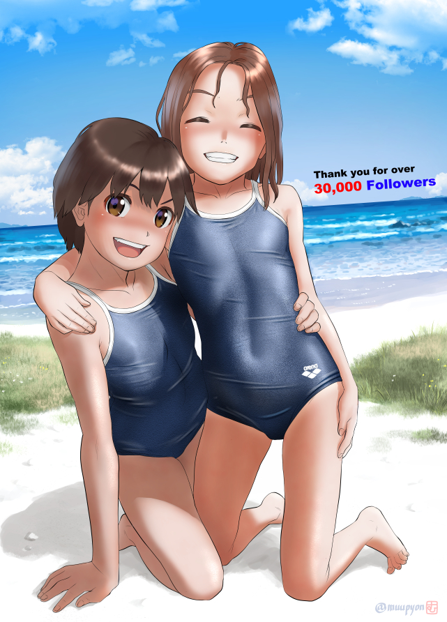 2girls arena_(company) barefoot beach blue_sky blue_swimsuit blurry breasts brown_eyes brown_hair clouds commentary_request competition_school_swimsuit covered_navel day depth_of_field facing_viewer full_body grass grin hand_on_another's_shoulder kneeling logo looking_at_viewer milestone_celebration mu-pyon multiple_girls original outdoors school_swimsuit short_hair sky small_breasts smile swimsuit tan tanlines