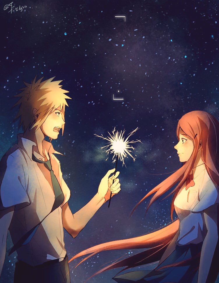 1boy 1girl alternate_costume artist_name blonde_hair blue_eyes blush breasts eyebrows_visible_through_hair fireworks hair_between_eyes long_hair looking_at_another medium_breasts namikaze_minato naruto naruto_(series) naruto_shippuuden necktie pointy_hair red_neckwear redhead shirt short_hair skirt sky sparkler star_(sky) starry_sky suijun0616 uzumaki_kushina white_shirt