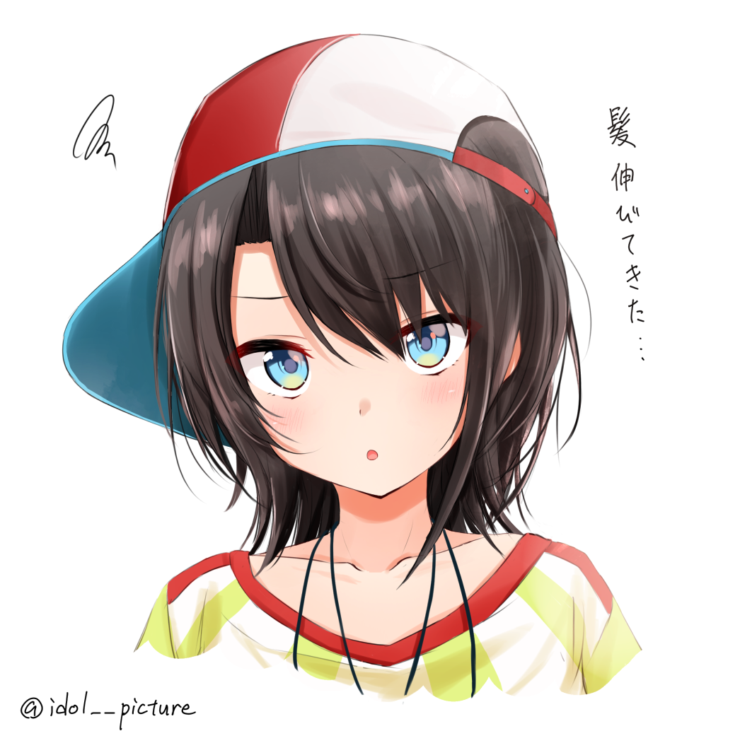 1girl bangs baseball_cap black_hair blue_eyes blush collarbone commentary_request ex_idol eyebrows_visible_through_hair hair_between_eyes hat hololive looking_at_viewer medium_hair multicolored multicolored_clothes multicolored_headwear oozora_subaru parted_lips shirt solo squiggle striped striped_shirt translation_request twitter_username vertical-striped_shirt vertical_stripes virtual_youtuber