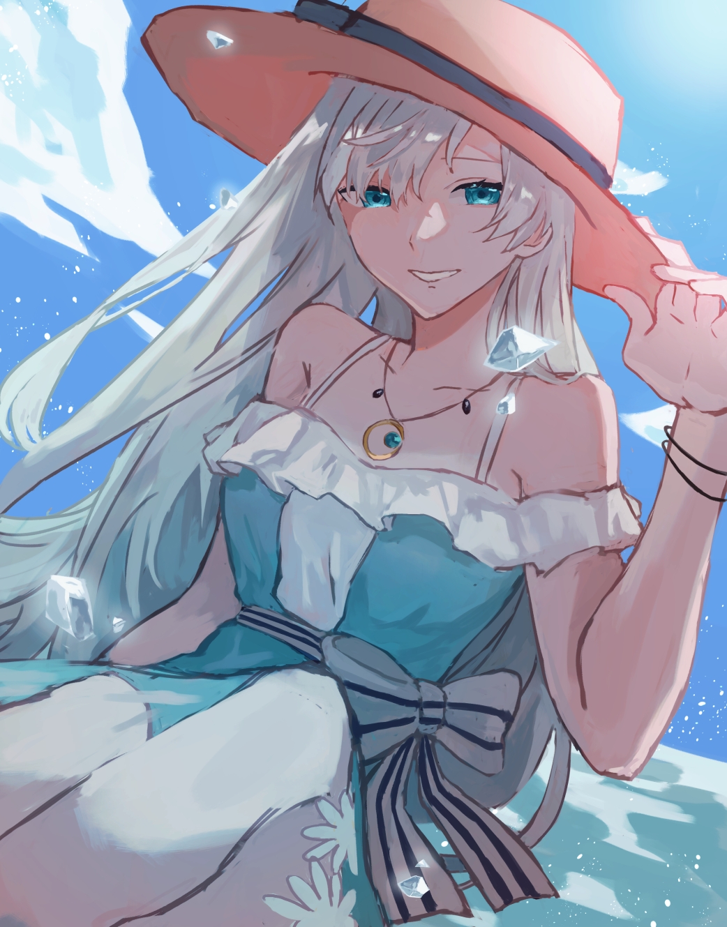 1girl anastasia_(fate) anastasia_(swimsuit_archer)_(fate) bangs bare_shoulders blue_dress blue_eyes blue_sky blush bracelet breasts collarbone dress earrings fate/grand_order fate_(series) grin hair_over_one_eye hairband hat highres jewelry kanikama_jan large_breasts long_hair looking_at_viewer necklace pendant see-through_skirt silver_hair skirt sky smile solo straw_hat very_long_hair