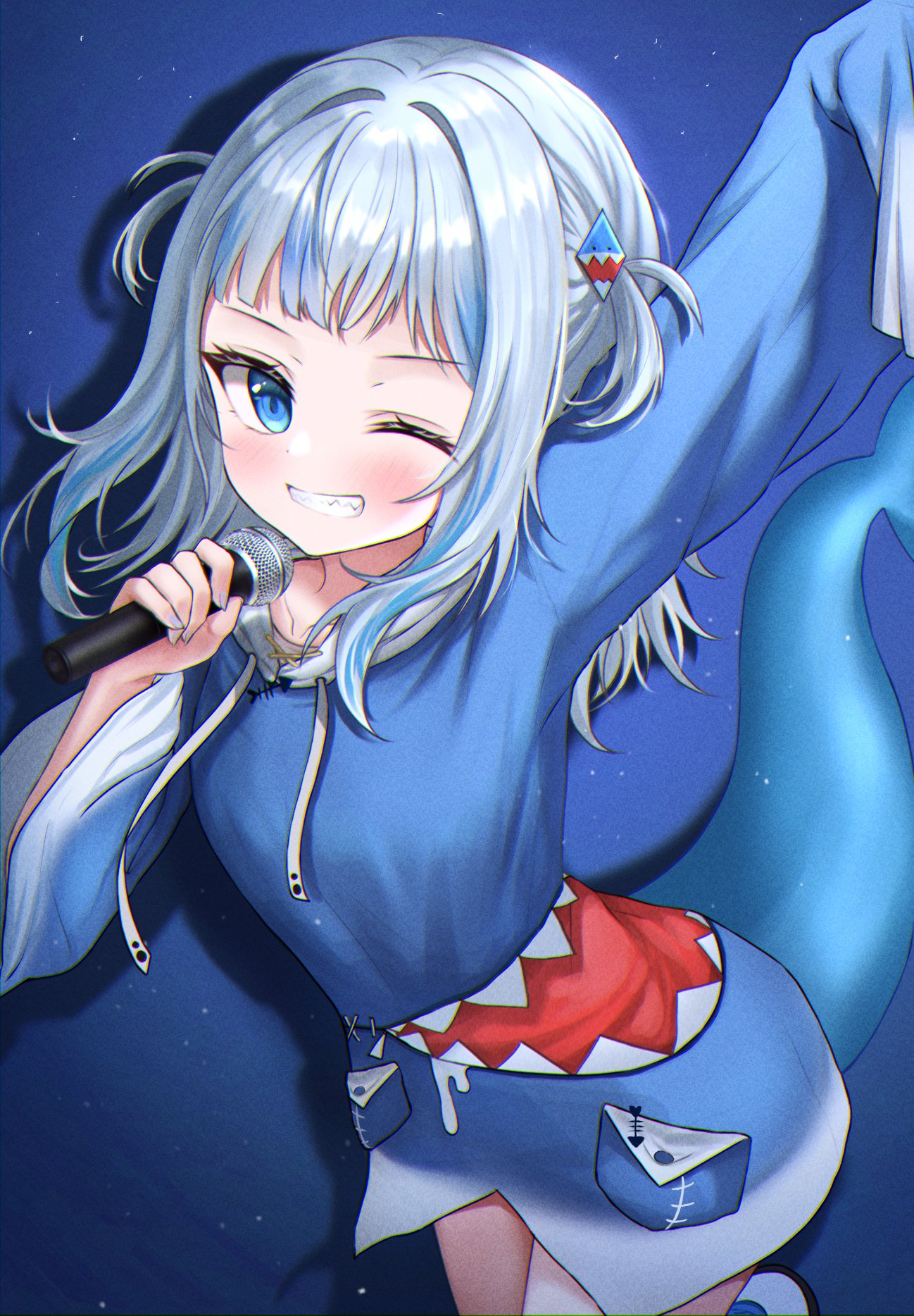 1girl ;) arm_up bangs blue_background blue_eyes blue_hair blue_hoodie blue_theme blush commentary drawstring fish_tail gawr_gura grin hair_ornament hand_up highres holding holding_microphone hololive hololive_english hood hoodie leaning_forward long_hair long_sleeves looking_at_viewer microphone multicolored_hair one_eye_closed shark_hair_ornament shark_tail sharp_teeth sidelocks silver_hair simple_background sleeves_past_fingers sleeves_past_wrists smile solo standing streaked_hair tail teeth ttusee5 two_side_up virtual_youtuber