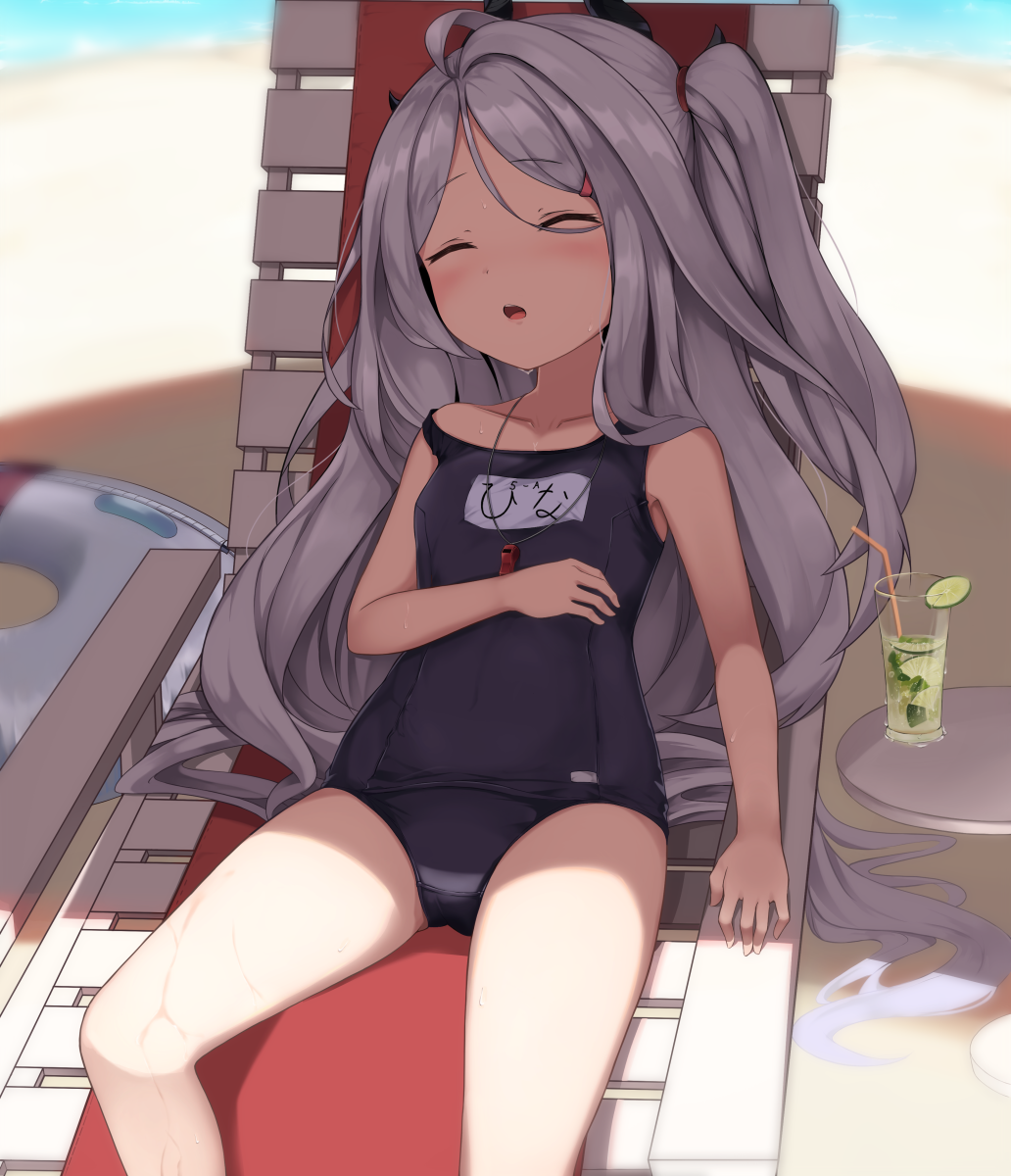 1girl ahoge beach_chair black_swimsuit blue_archive breasts closed_eyes cup day drinking_straw grey_hair hair_ornament hairclip highres hina_(blue_archive) horns innertube long_hair lying name_tag on_back one-piece_swimsuit outdoors parted_lips shade sira_(user_dswn7488) small_breasts solo sweat swimsuit two_side_up whistle whistle_around_neck