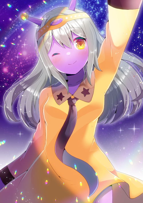 1girl ;) antennae arm_up bangs black_neckwear blush breasts brown_eyes closed_mouth collared_dress colored_skin commentary_request dress eyebrows_visible_through_hair grey_hair hair_between_eyes indie_virtual_youtuber kou_hiyoyo long_hair long_sleeves medium_breasts necktie one_eye_closed purple_skin smile solo very_long_hair victoria_voie_lactee virtual_youtuber yellow_dress