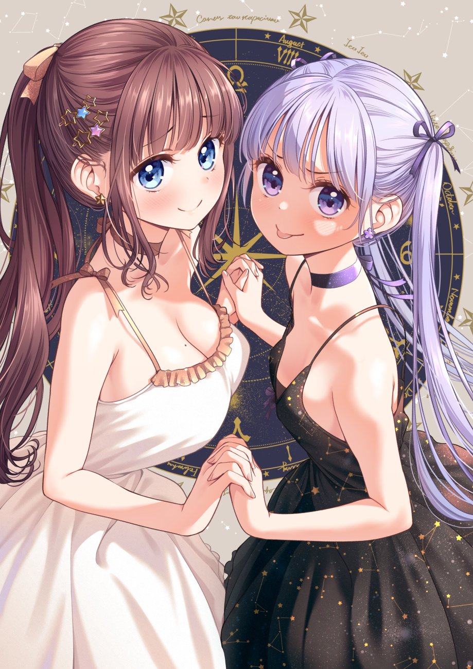 2girls bangs black_dress blue_eyes blunt_bangs breasts brown_hair choker dress earrings eyebrows_visible_through_hair hair_ornament hair_ribbon highres holding_hands interlocked_fingers jewelry large_breasts long_hair looking_at_viewer mole mole_on_breast multiple_girls new_game! ponytail purple_choker purple_hair purple_ribbon ribbon sidelocks small_breasts smile spaghetti_strap star_(symbol) star_earrings star_hair_ornament star_print suzukaze_aoba takimoto_hifumi tokunou_shoutarou tongue tongue_out twintails violet_eyes white_dress yellow_choker yellow_ribbon