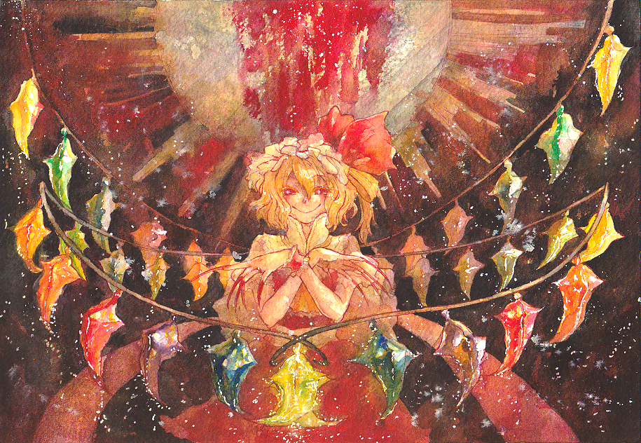 campanula-star claws fingernails flandre_scarlet long_fingernails long_nails moon nails red_moon smile smirk solo touhou traditional_media watercolor_(medium) wings