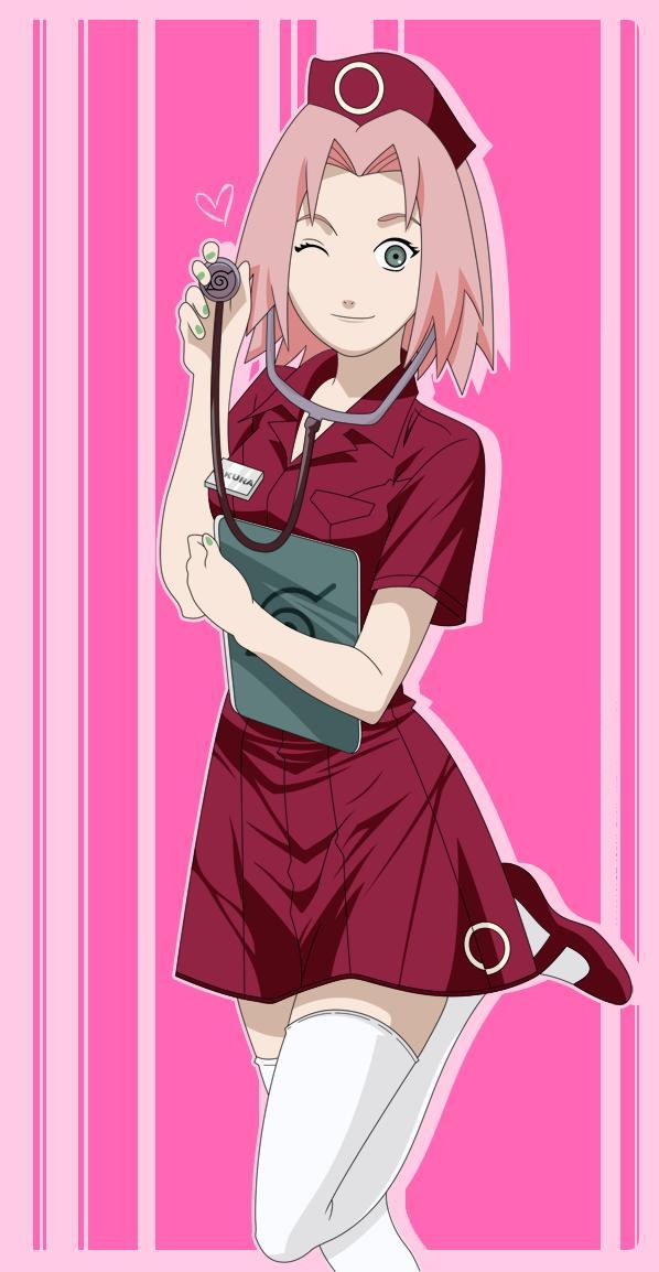 haruno_sakura naruto nurse smile wink