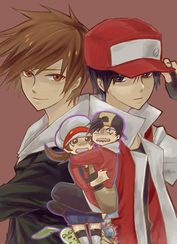 1girl 3boys adjusting_hat bag baseball_cap black_hair bow brown_hair cabbie_hat chikorita cling colored_eyelashes cyndaquil fingerless_gloves gloom_(expression) gloves gold_(pokemon) gold_(pokemon)_(remake) group gym_leader hat hoodie jacket kotone_(pokemon) kuronomine long_sleeves male multiple_boys ookido_green ookido_green_(hgss) overalls pants pokemon pokemon_(creature) pokemon_(game) pokemon_gsc pokemon_heartgold_and_soulsilver popped_collar red_(pokemon) red_(pokemon)_(classic) scared short_hair short_sleeves simple_background smile spiky_hair tears thigh-highs twintails vest wavy_mouth white_thighhighs you_gonna_get_raped zettai_ryouiki