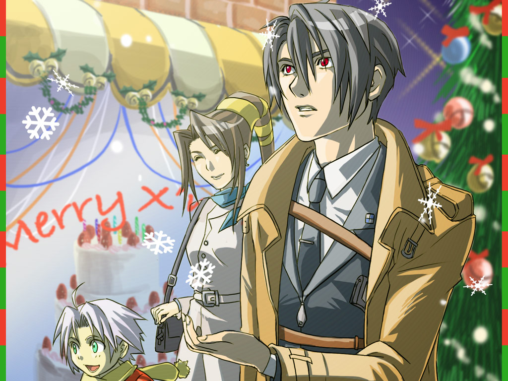 black_hair brown_hair cake character_request christmas christmas_tree coat dirge_of_cerberus_final_fantasy_vii closed_eyes final_fantasy final_fantasy_vii food formal green_eyes hariyama_(pixiv320286) long_hair lucrecia_crescent red_eyes sephiroth short_hair snow suit turks vincent_valentine white_hair young