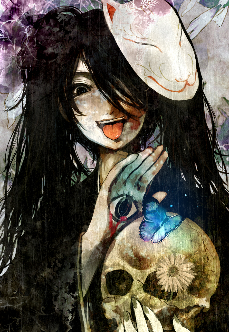 black_hair butterfly fox_mask hatsune_miku highres mask musunde_hiraite_rasetsu_to_mukuro_(vocaloid) shigureteki skull solo tongue vocaloid zatsune_miku