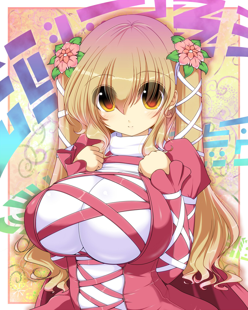 alternate_hairstyle breasts flower gradient_hair hair_flower hair_ornament hijiri_byakuren huge_breasts long_hair multicolored_hair shuz_(dodidu) smile solo touhou twintails yellow_eyes