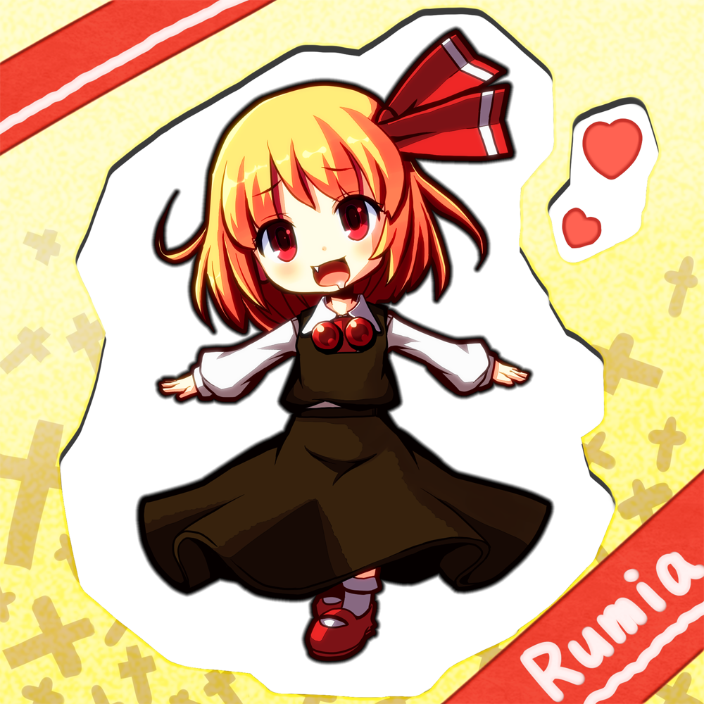 blonde_hair character_name chibi cross dress drooling fang hair_ribbon heart jinseitunda open_mouth outstretched_arms red_eyes ribbon rumia saliva shimafuguchan short_hair simple_background solo spread_arms touhou