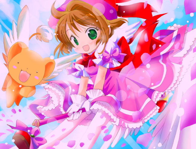 card_captor_sakura dress flying gloves hat kero kinomoto_sakura magical_girl naruki no_nose wand wingsa