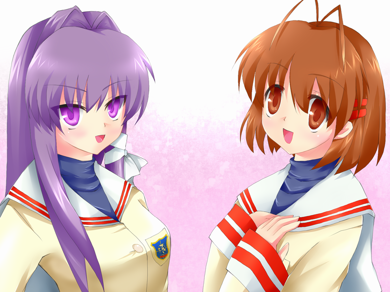 antenna_hair brown_eyes brown_hair clannad flat_(ko-do) fujibayashi_kyou furukawa_nagisa long_hair purple_hair school_uniform short_hair violet_eyes