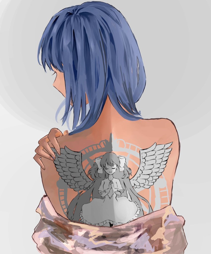 1girl absurdly_long_hair alternate_hair_length alternate_hairstyle back_tattoo bare_back bare_shoulders blue_hair circle closed_eyes closed_mouth clothes_removed clothing_cutout dress eyelashes facing_away feathered_wings fingernails frilled_dress frills from_behind gloves goddess_madoka grey_background hair_over_mouth hair_ribbon hand_on_own_shoulder hands_up kaname_madoka long_hair magic_circle mahou_shoujo_madoka_magica medium_hair miki_sayaka nape nekomokuwamai no_eyes no_mouth no_nose own_hands_together profile ribbon sidelighting simple_background smile solo_focus tattoo two_side_up upper_body very_long_hair wide_sleeves wings