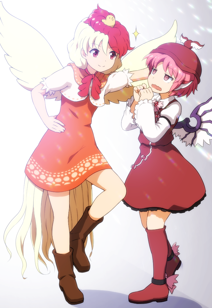 2girls @_@ animal_on_head bird bird_on_head bird_wings blonde_hair boots brown_footwear chick commentary_request dress full_body hand_on_hip hat juliet_sleeves kabedon knee_boots long_sleeves multicolored_hair multiple_girls mystia_lorelei niwatari_kutaka on_head open_mouth orange_dress pink_hair puffy_sleeves red_eyes red_footwear redhead shirosato short_hair smile sparkle tail touhou two-tone_hair wavy_mouth wings yellow_wings