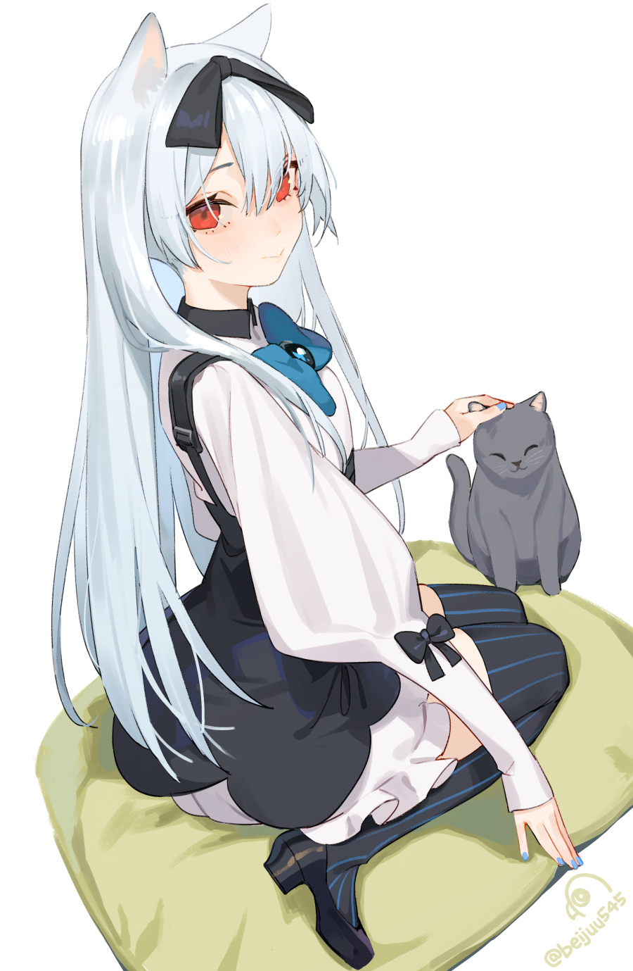 1girl animal beijuu black_bow black_cat black_dress black_footwear black_legwear blue_bow blue_nails blue_neckwear bow bowtie brooch cat closed_mouth dress from_side full_body gem girls_frontline hair_bow highres jewelry kemonomimi_mode layered_dress long_hair long_sleeves looking_at_viewer looking_to_the_side original petting puffy_long_sleeves puffy_sleeves red_eyes sapphire_(gemstone) silver_hair simple_background sitting smile solo striped striped_legwear symbol-only_commentary thigh-highs tokarev_(girls'_frontline) twitter_username vertical-striped_legwear vertical_stripes very_long_hair wariza white_background zettai_ryouiki