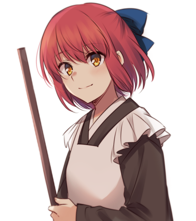 1girl apron bangs blue_bow blush bow broom brown_kimono closed_mouth commentary_request eyebrows_visible_through_hair floating_hair frilled_apron frills hair_between_eyes hair_bow half_updo holding holding_broom japanese_clothes kimono kohaku_(tsukihime) long_sleeves looking_at_viewer maid_apron nemu_mohu redhead short_hair sidelocks simple_background smile solo tsukihime upper_body wa_maid white_apron white_background yellow_eyes