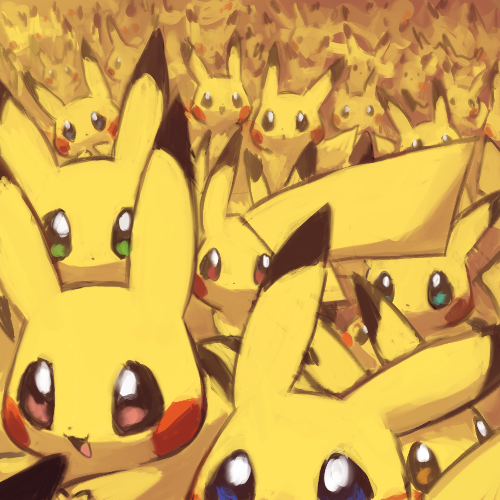 :d blue_eyes brown_eyes commentary fouinar green_eyes lowres no_humans open_mouth pikachu pokemon pokemon_(creature) smile tongue too_many too_many_pikachu