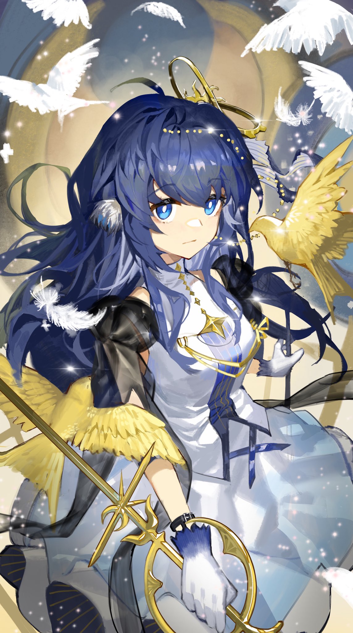 1girl animal arknights astesia_(arknights) astesia_(frlibre_on_the_palace)_(arknights) bangs bird black_sleeves blue_eyes blue_gloves blue_hair bright_pupils clay_(clayjun) commentary_request cowboy_shot detached_sleeves dove dress eyebrows_visible_through_hair gloves gradient_gloves hair_ornament highres holding holding_sword holding_weapon long_hair looking_at_viewer official_alternate_costume see-through_sleeves sleeveless sleeveless_dress solo star_(symbol) sword very_long_hair weapon white_dress white_gloves