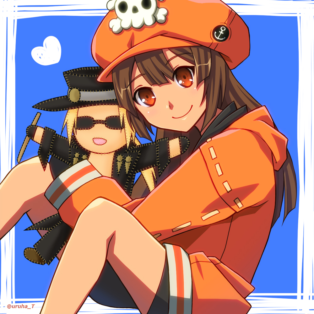 1girl blonde_hair brown_eyes brown_hair guilty_gear guilty_gear_strive hat hood hoodie hug johnny_(guilty_gear) may_(guilty_gear) orange_headwear skull_and_crossbones smile