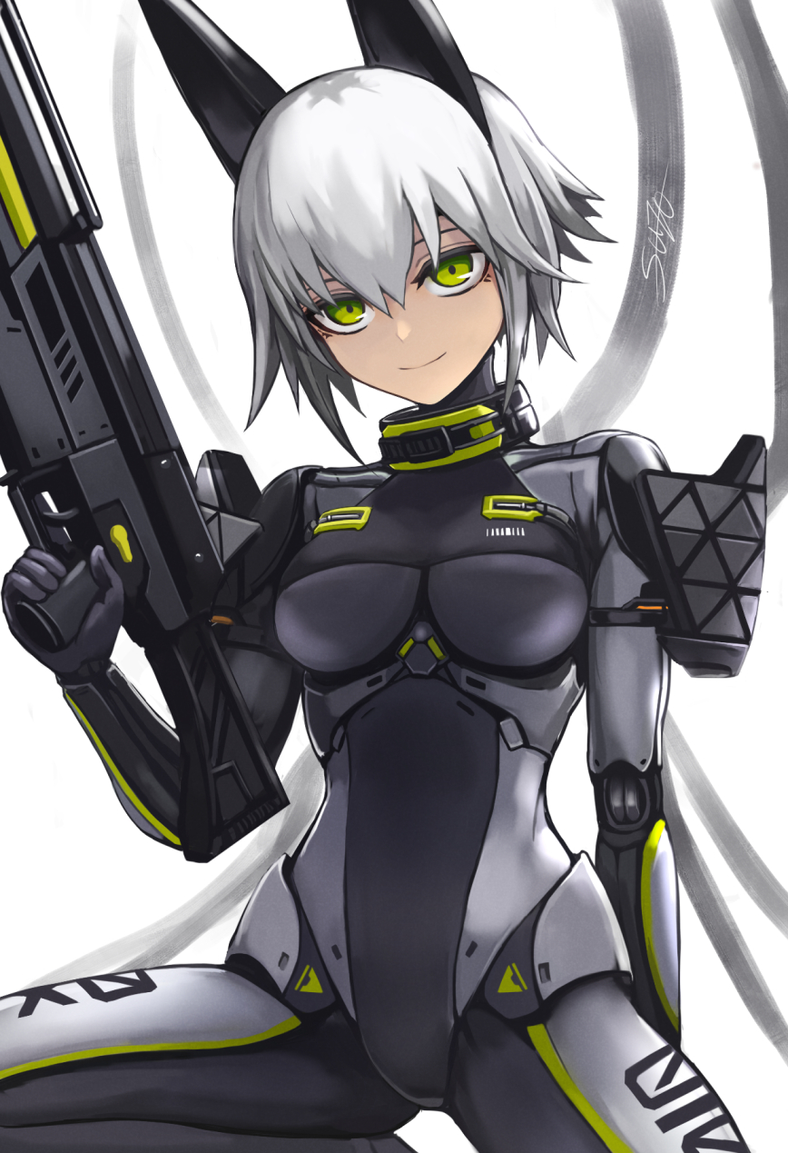1girl animal_ears armor bodysuit collar commentary_request fake_animal_ears green_eyes gun highres holding holding_gun holding_weapon joints looking_at_viewer mecha_musume original rifle robot_joints short_hair shoulder_armor smile solo sunao_(70_the) trigger_discipline weapon white_hair