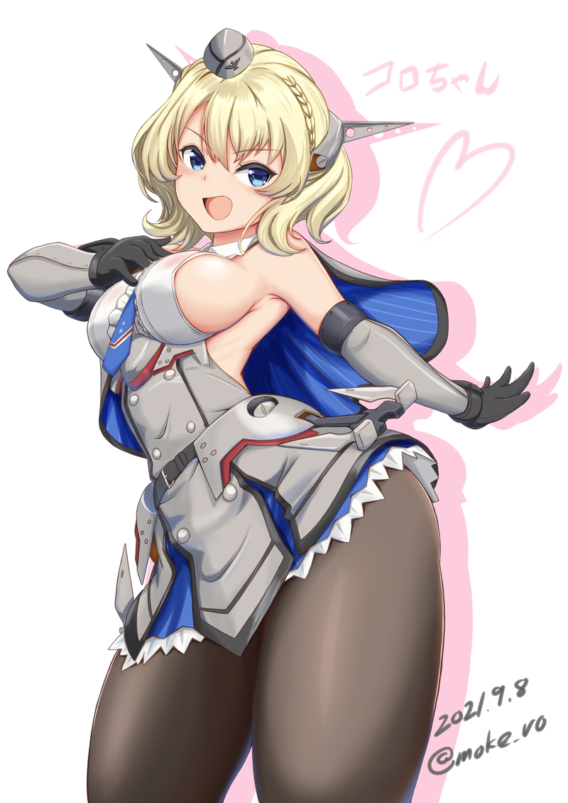 1girl black_gloves black_legwear blonde_hair blue_eyes blue_neckwear breasts capelet colorado_(kancolle) cowboy_shot dated dress elbow_gloves garrison_cap gloves grey_dress grey_headwear hand_on_own_chest hat headgear kantai_collection large_breasts moke_ro necktie pantyhose pleated_dress shirt short_hair side_braids sideboob simple_background sleeveless solo standing thick_thighs thighs twitter_username white_background white_shirt