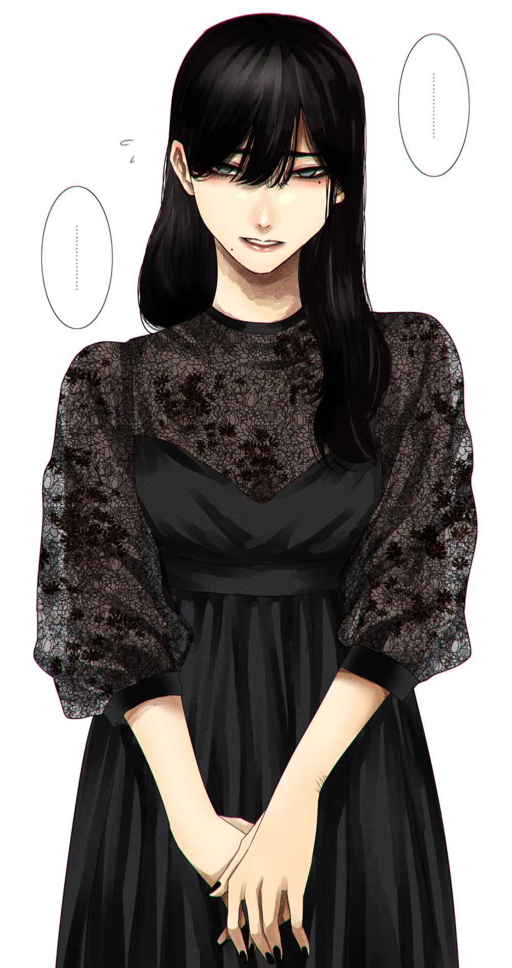 ... 1girl bangs black_dress black_hair black_nails blue_eyes commentary_request dress eyebrows_behind_hair hair_between_eyes highres hoshi_san_3 long_hair mole mole_under_eye mole_under_mouth multiple_moles original own_hands_together parted_lips simple_background solo spoken_ellipsis white_background