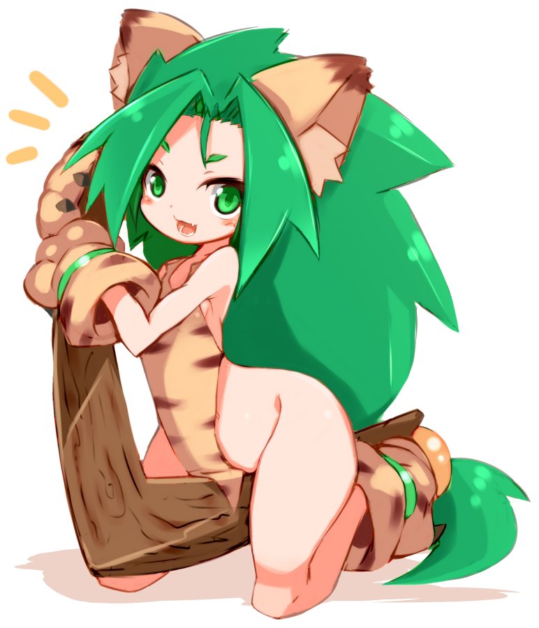 1girl animal_ears animal_hands animal_print boomerang breasts cat_ears cham_cham gloves green_eyes green_hair karukan_(monjya) long_hair looking_at_viewer no_panties open_mouth paw_gloves paw_shoes samurai_spirits shoes simple_background small_breasts smile solo tiger_print white_background