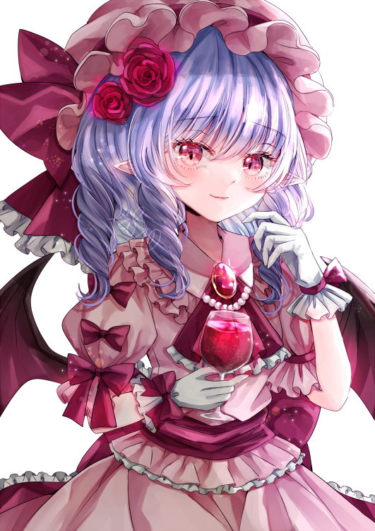 1girl alcohol ascot bat_wings cup dress drill_hair drinking_glass eyebrows_visible_through_hair flower frilled_dress frilled_shirt_collar frills gloves hair_between_eyes hair_flower hair_ornament hat hat_ribbon holding holding_cup jaku_sono looking_at_viewer mob_cap pink_dress pointy_ears puffy_short_sleeves puffy_sleeves purple_hair red_eyes red_neckwear remilia_scarlet ribbon rose short_hair short_sleeves simple_background slit_pupils smile solo touhou white_background white_gloves wine wine_glass wings