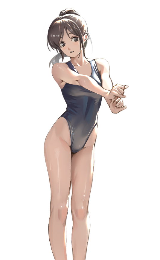 1girl bangs bare_arms bare_legs bare_shoulders black_swimsuit brown_eyes brown_hair collarbone commentary_request competition_swimsuit doconim feet_out_of_frame head_tilt highleg highleg_swimsuit looking_at_viewer one-piece_swimsuit original outstretched_arms parted_bangs parted_lips ponytail short_hair short_ponytail simple_background solo standing swimsuit white_background