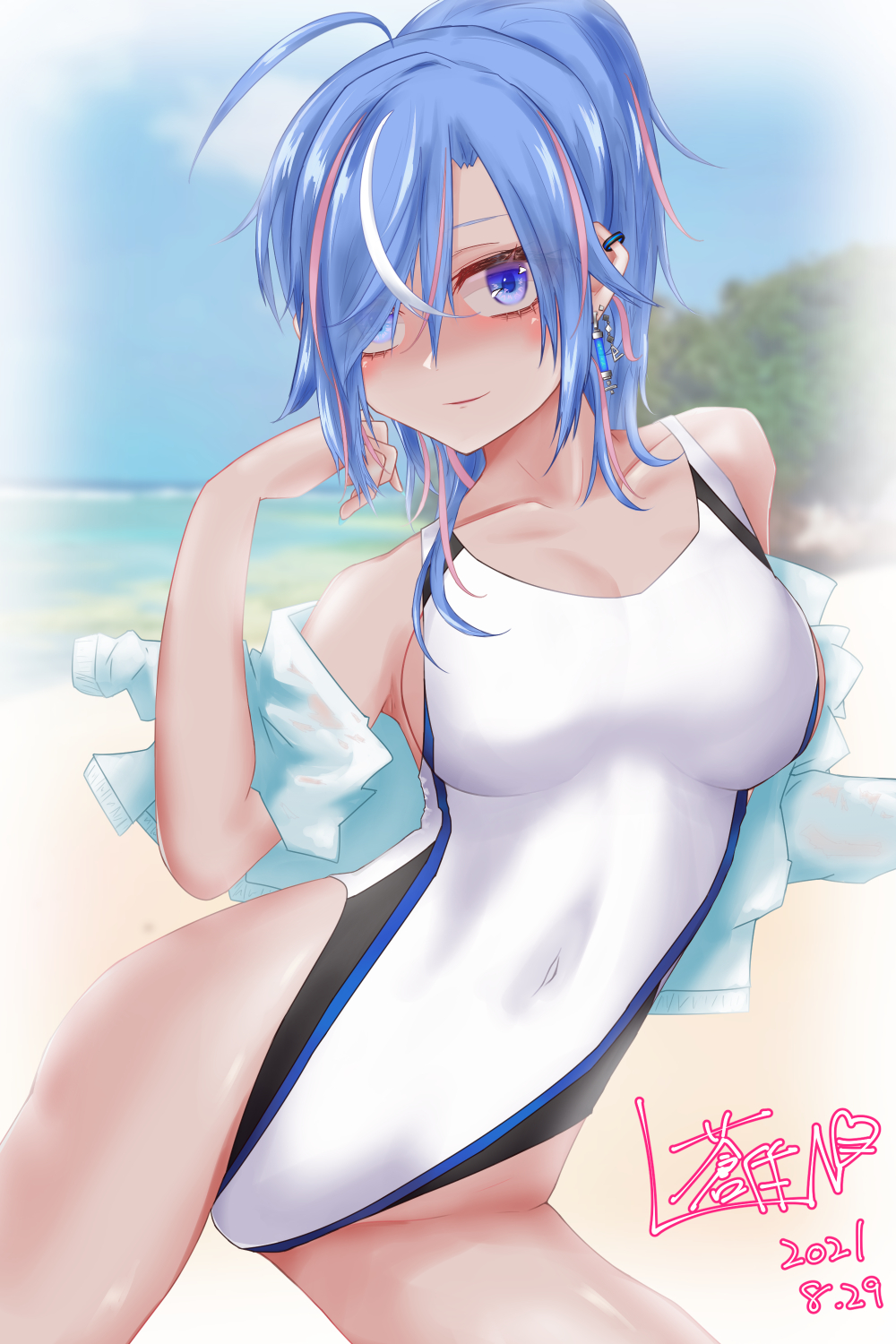 1girl ao1_len blue_eyes blue_hair breasts commentary_request competition_swimsuit covered_navel dated hair_over_one_eye highleg highleg_swimsuit highres long_hair looking_at_viewer medium_breasts one-piece_swimsuit original ponytail signature solo swimsuit virtual_youtuber white_swimsuit