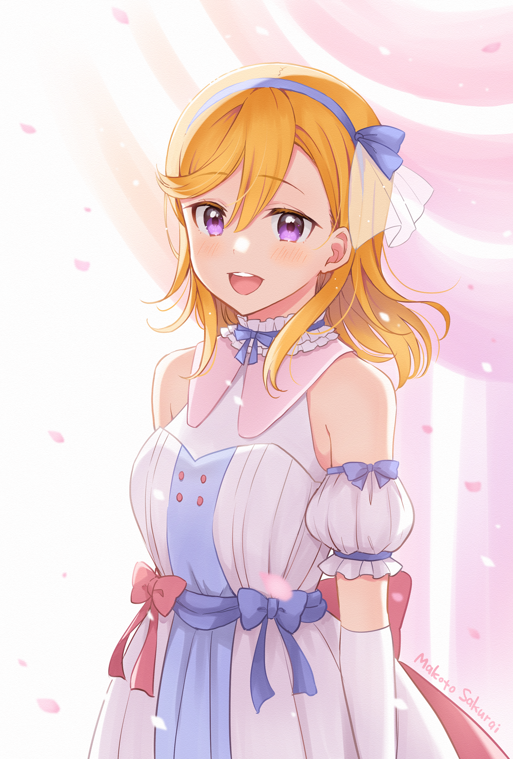 1girl :d artist_name bangs blonde_hair blue_hairband blush breasts commentary_request curtains detached_sleeves dress elbow_gloves eyebrows_visible_through_hair gloves hair_between_eyes hairband highres long_hair looking_at_viewer love_live! love_live!_superstar!! medium_breasts open_mouth petals puffy_short_sleeves puffy_sleeves sakurai_makoto_(custom_size) see-through shibuya_kanon short_sleeves signature sleeveless sleeveless_dress smile solo upper_teeth violet_eyes white_dress white_gloves white_sleeves