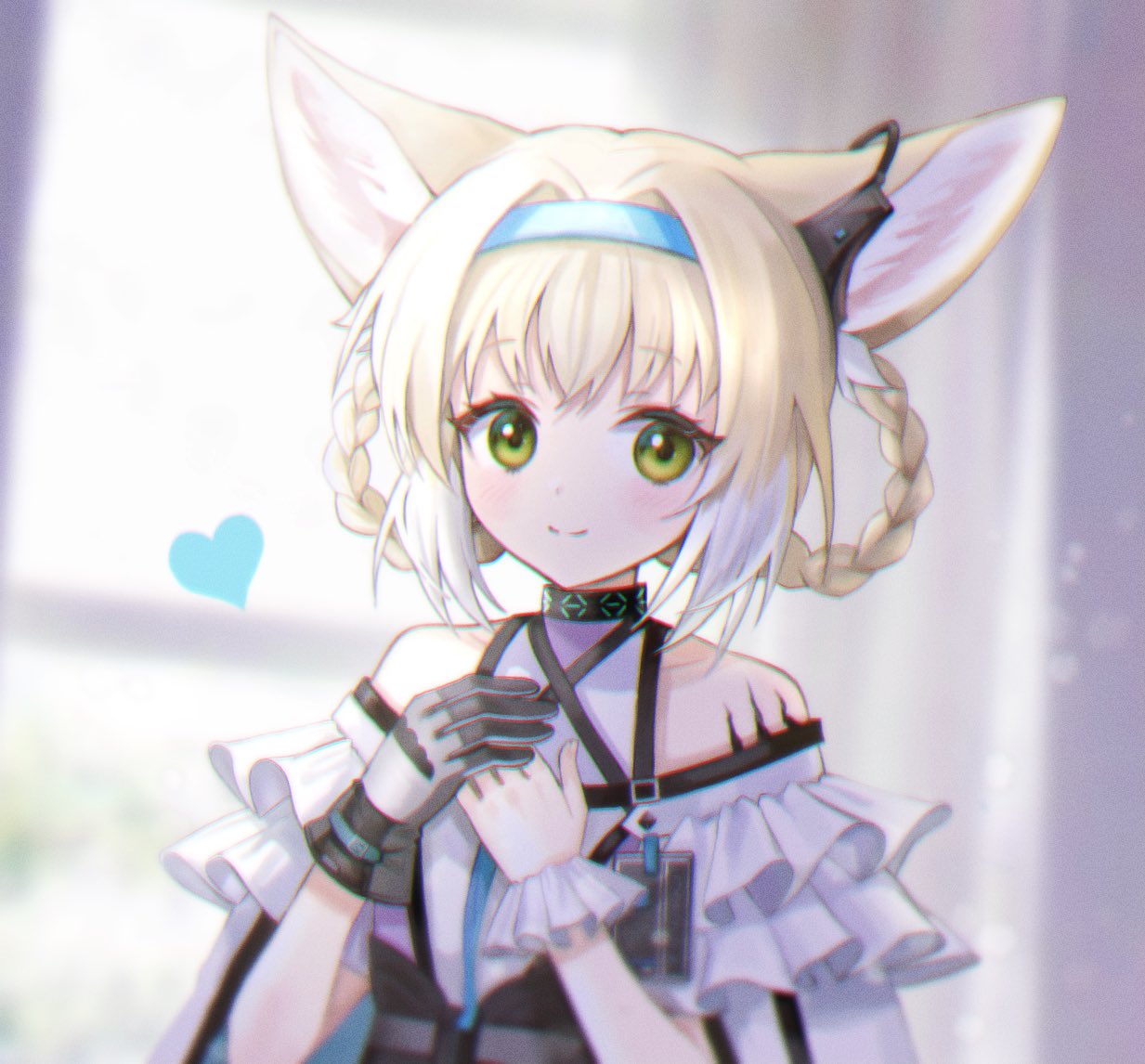 1girl animal_ears arknights black_gloves blonde_hair blurry blurry_background blush braid closed_mouth curtains day earpiece eyebrows_visible_through_hair fox_ears frilled_shirt frills gloves green_eyes hair_intakes hair_rings hairband hands_together heart id_card indoors infection_monitor_(arknights) korean_commentary looking_at_viewer multicolored_hair oripathy_lesion_(arknights) shirt short_hair sinap_(12000klb) single_glove smile solo streaked_hair sunlight suzuran_(arknights) two-tone_hair upper_body white_hair white_shirt window wrist_cuffs